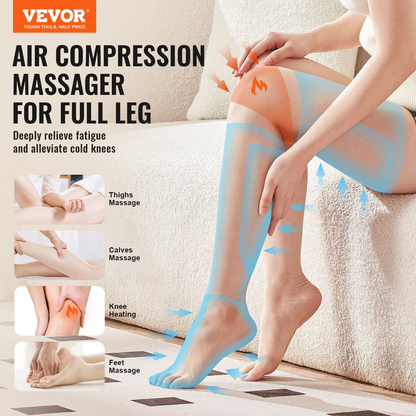 VEVOR Full Leg Massager, Air Compression Leg Massager for Foot Calf Thigh Knee, 2 Knee Heating Levels, 3 Modes & 3 Intensities, Leg Compression Massage Boots for Circulation, Swelling and Pain Relief